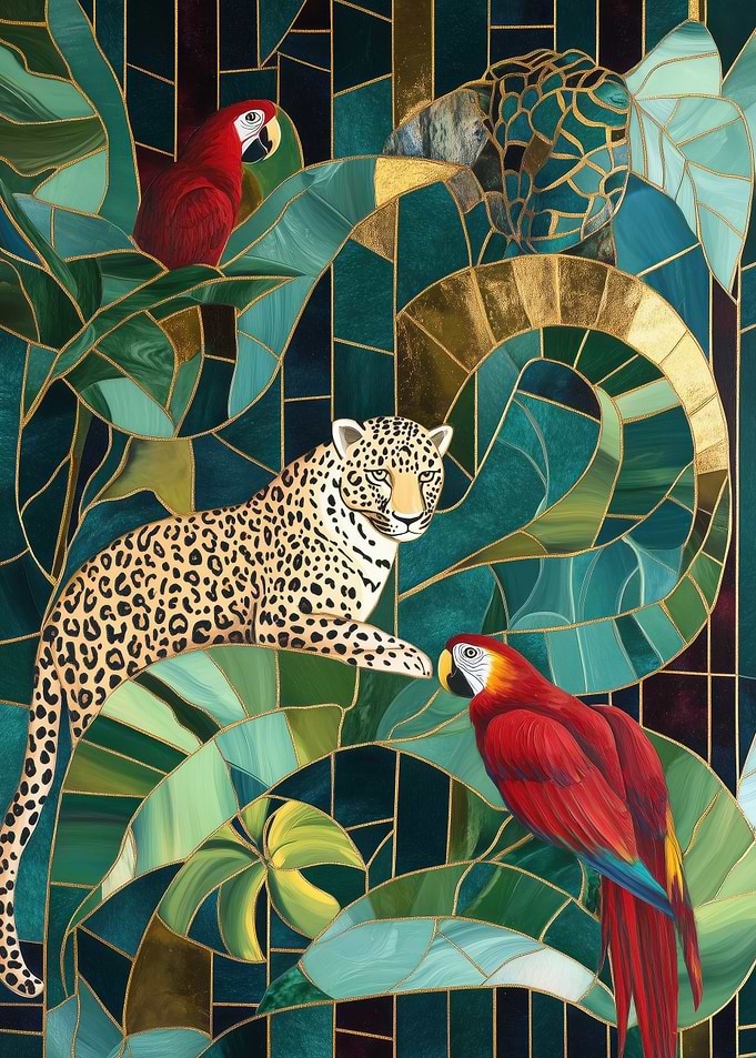 Jaguar and Macaws in Jungle