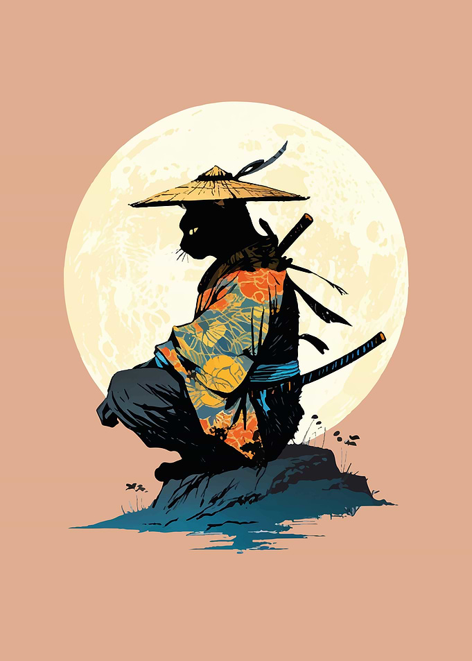Samurai Cat sitting with Full Moon Illustration