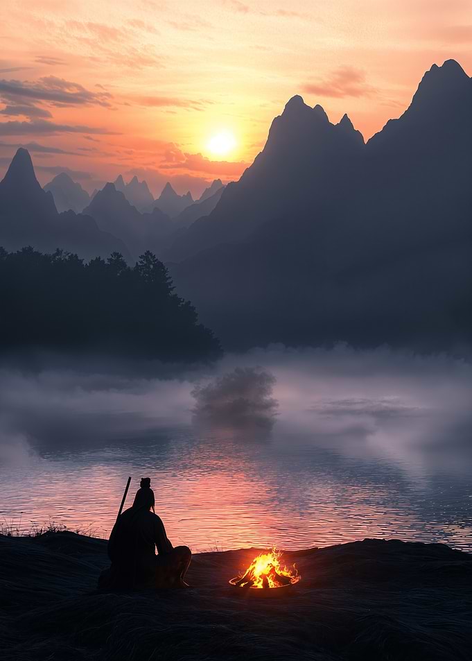 Silhouette of a Man by a Fire