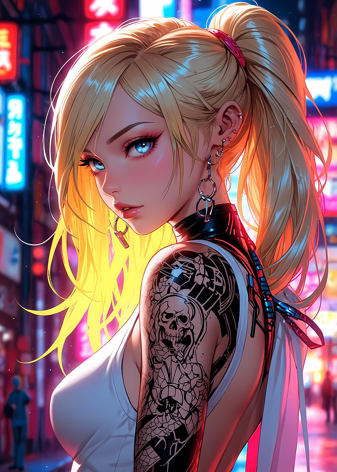 Anime Neon Girl with Skull Tattoo