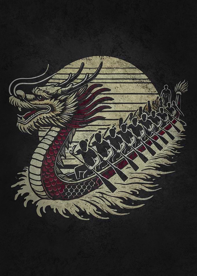 Dragon Boat Team Paddling Vintage Motivation