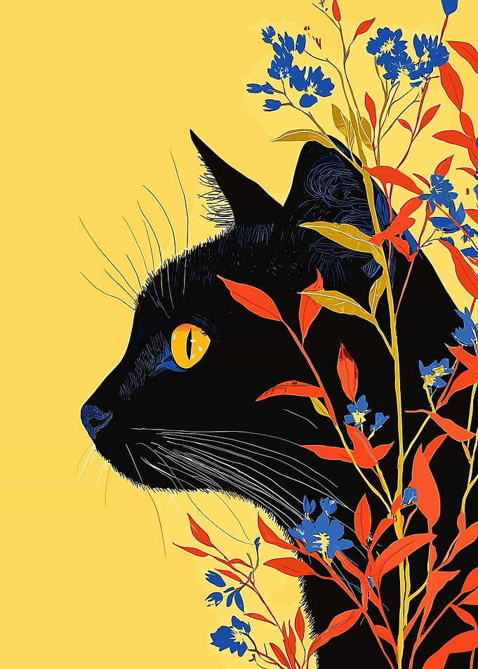 Black Cat with Flowers