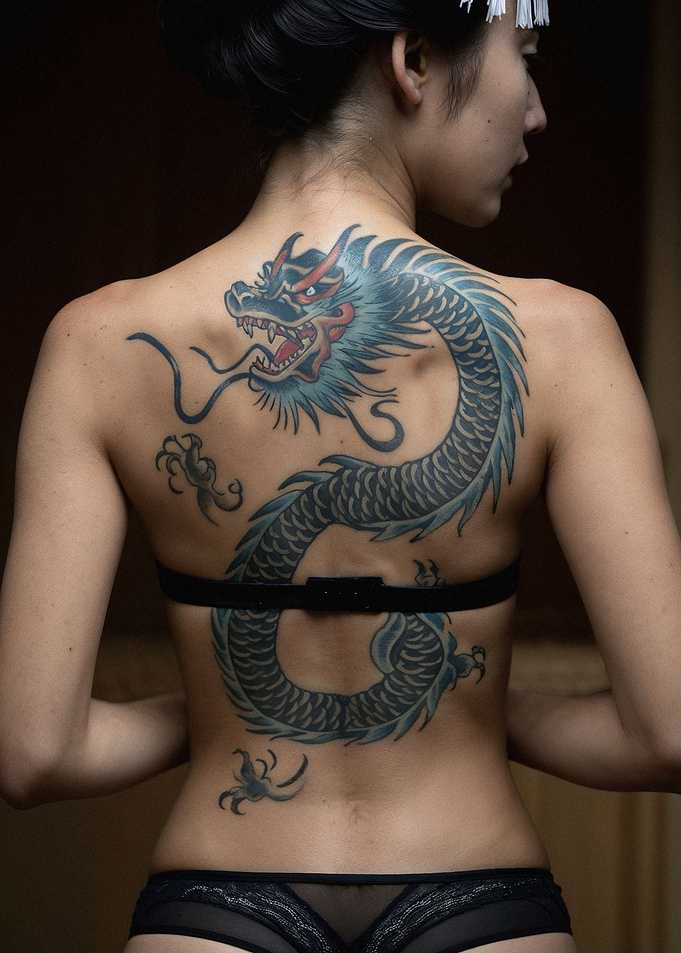 Japanese Geisha Girl with Irezumi Dragon Back Tattoo