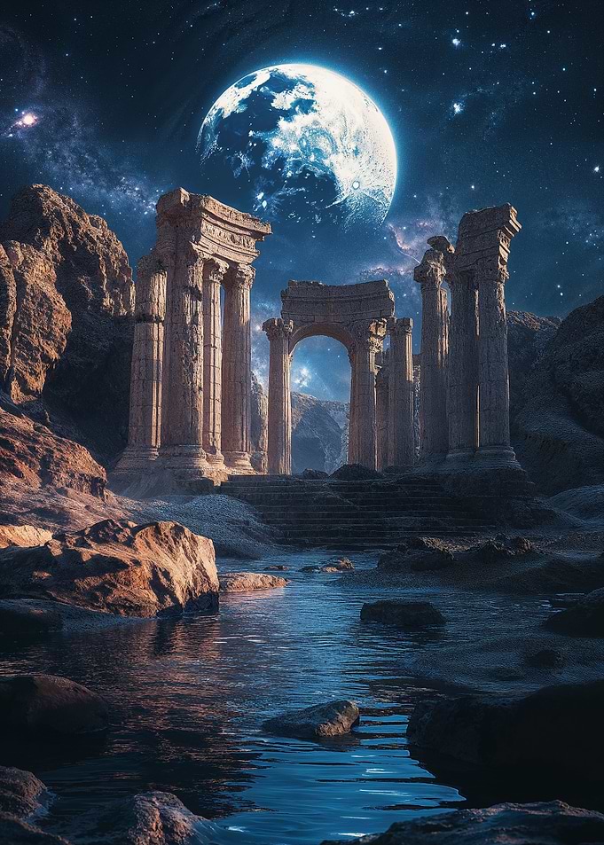 Ruined Temple Under Night Sky