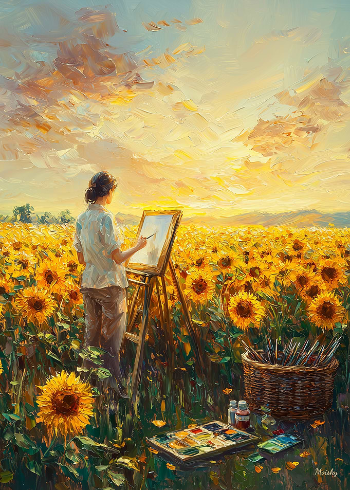 Sunrise Canvas: Artist Amidst the Sunflowers