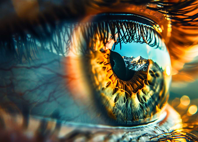 Close-up Eye with Mountain Reflection