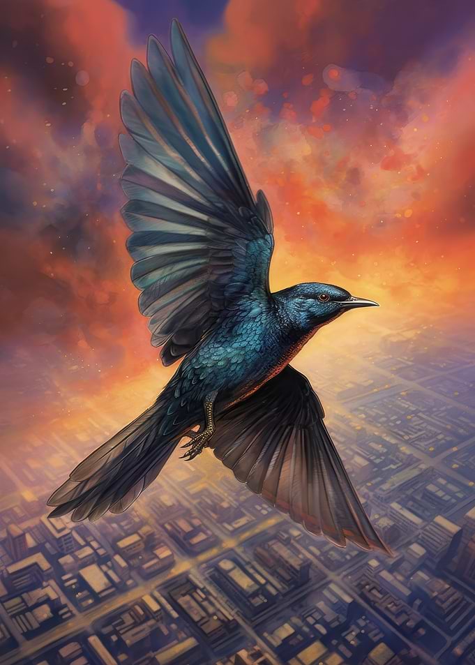 Bird Soaring Over City