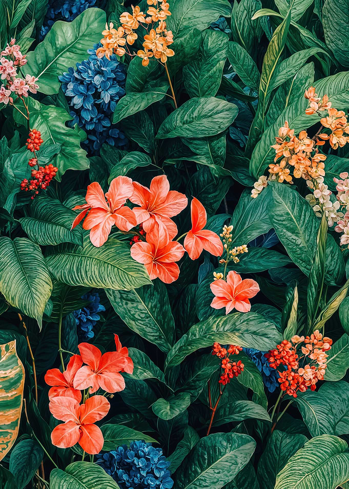 Floral Painting of colorful Blossoms and Leaves