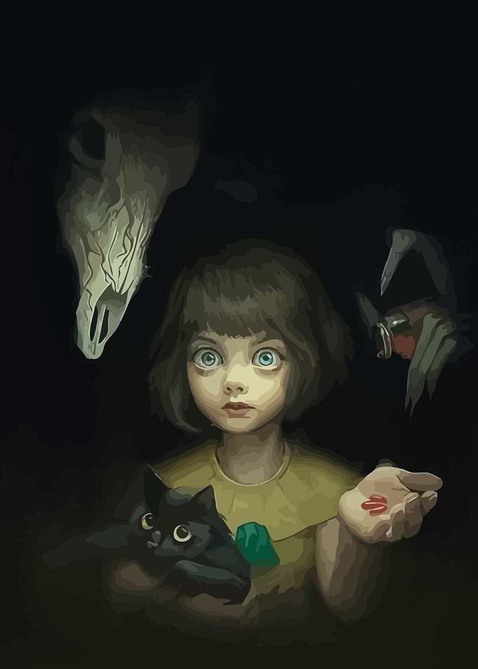 Little Girl with Skull and Cat