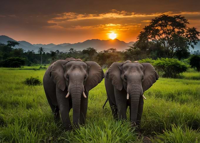 African Elephants at Sunset