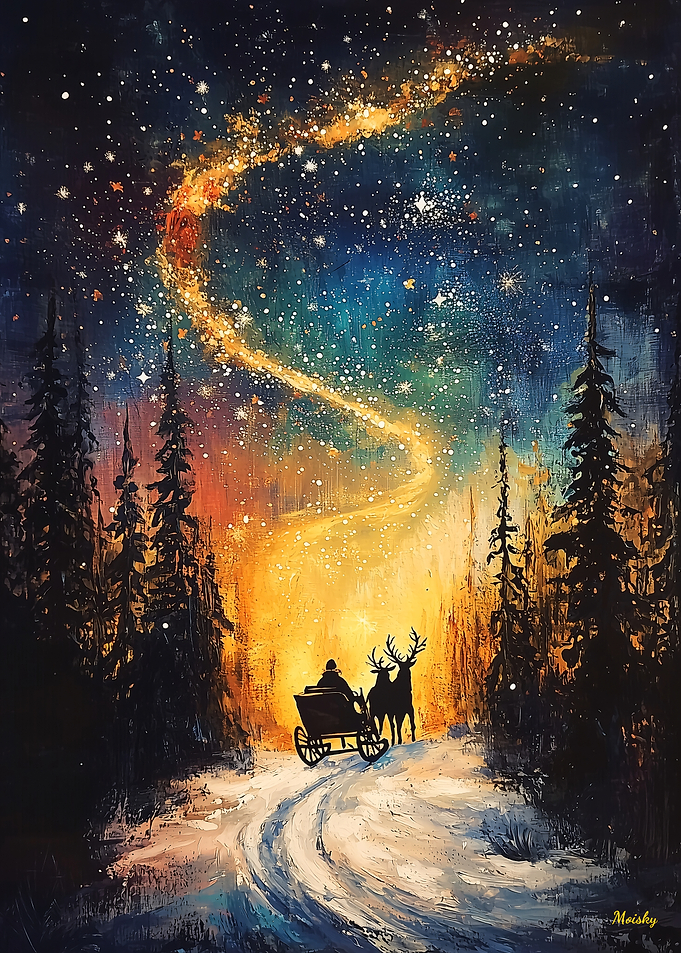 Cosmic Winter Journey: Sleigh Ride Under the Celestial Swirl