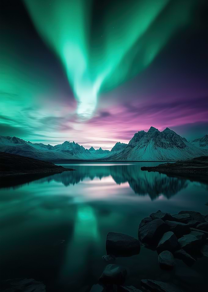 Aurora Borealis Over Mountains
