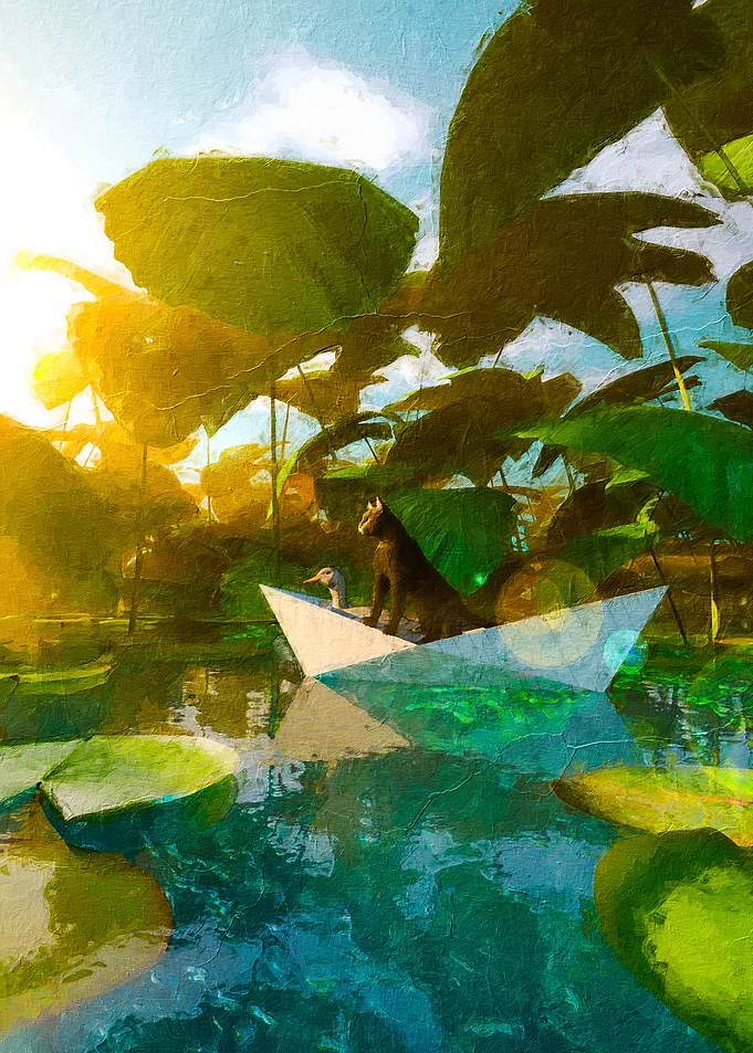 Cat and Duck in Paper Boat