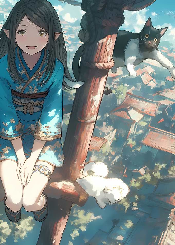 Anime Girl with Cats