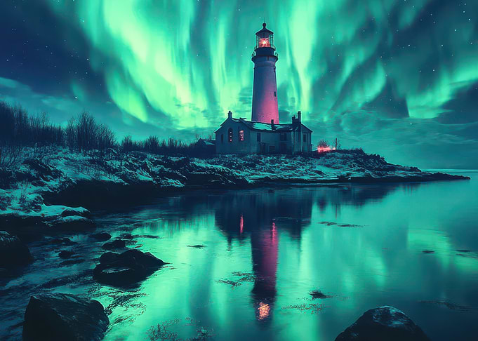 Lighthouse Under Aurora Borealis