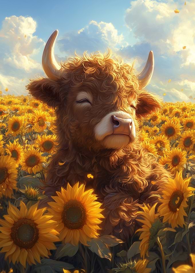 Highland Cow in Sunflower Field
