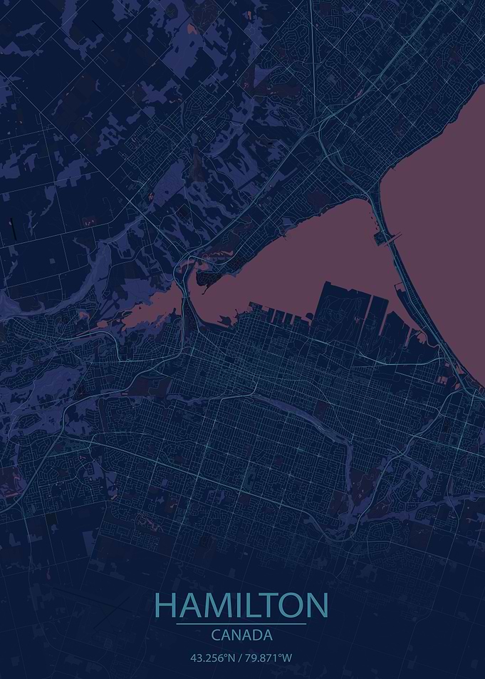 Hamilton Canada Blue and Purple City Map