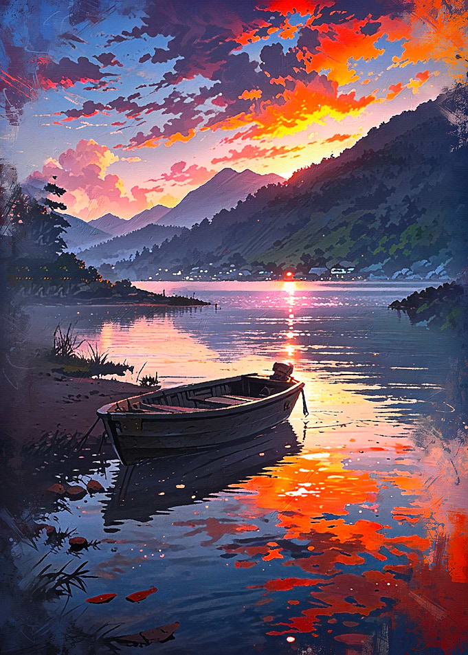 Sunset Lake with Boat