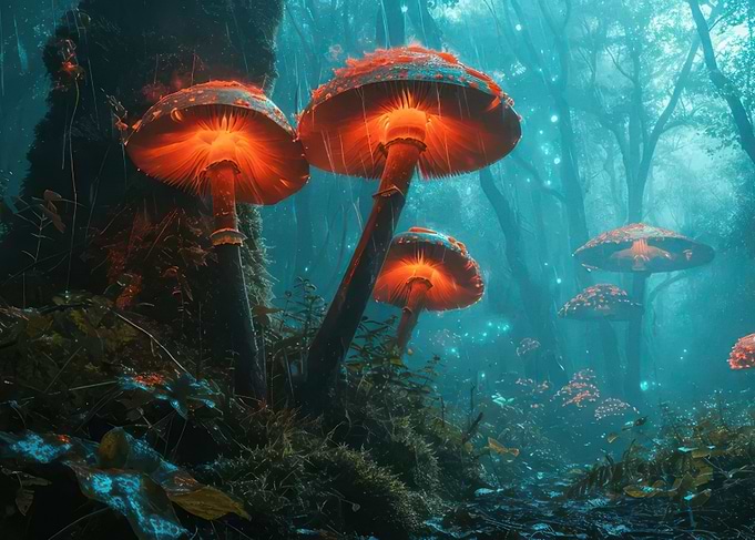 Glowing Mushrooms in Forest