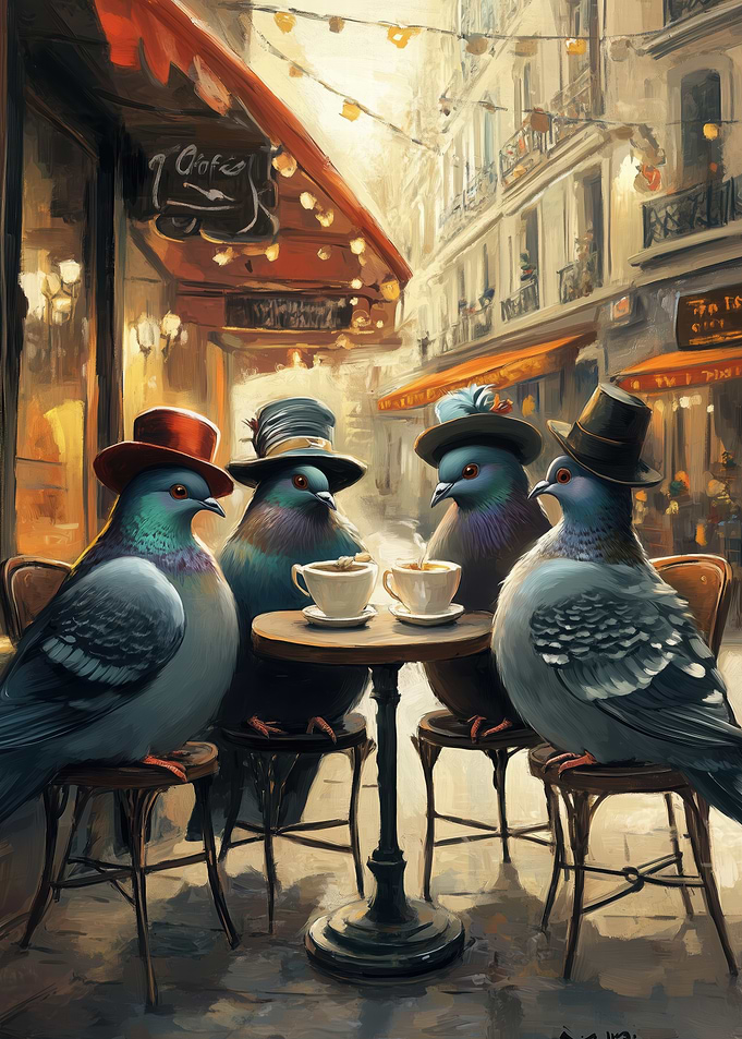 Pigeons at a Parisian Cafe
