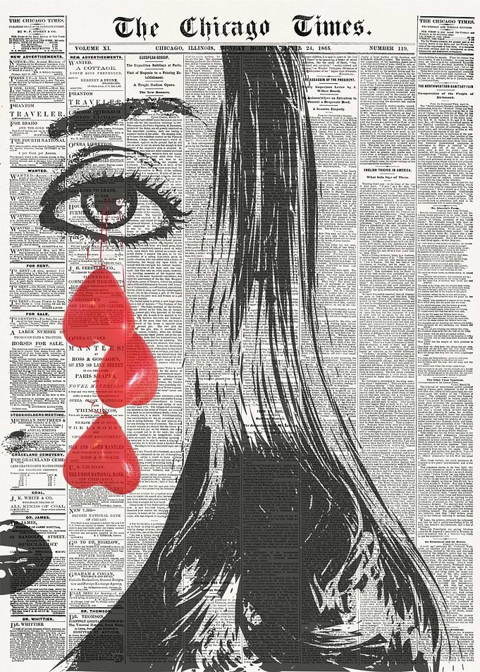 Woman Crying Hearts Newspaper