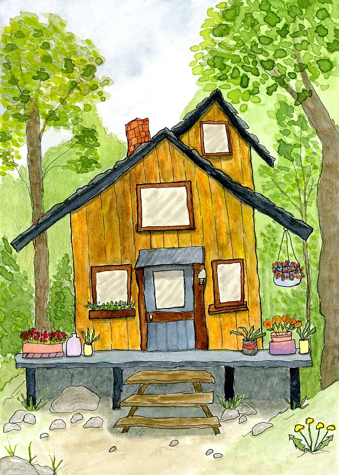 Watercolor Wonky Cabin in Woods Illustration 2