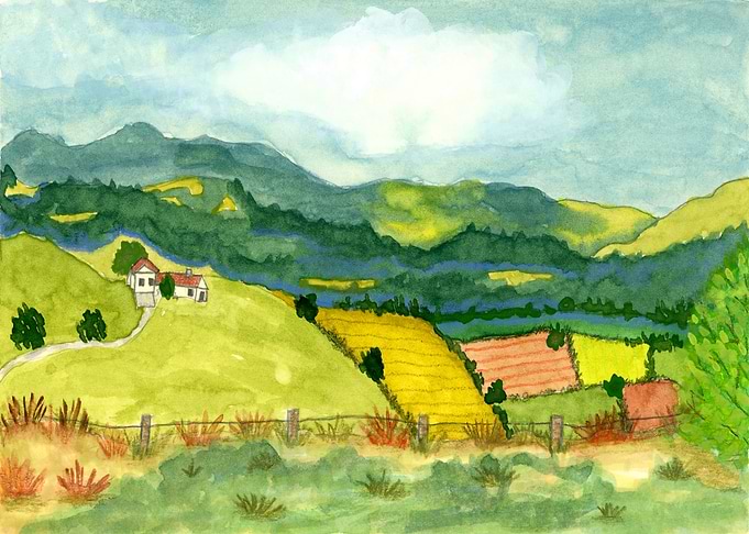 Watercolor Promised Land Countryside