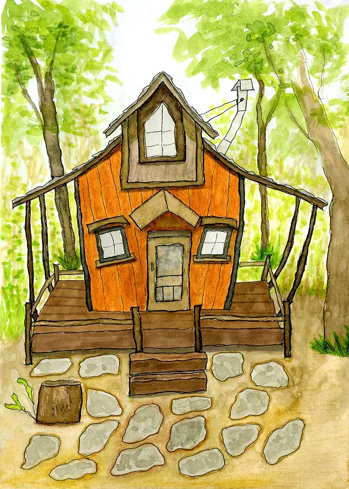 Watercolor Wonky Cabin in the Woods Illustration