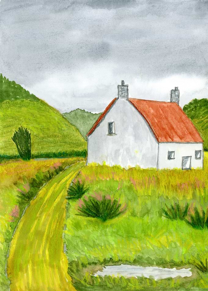 Country Cottage in a Green Valley Illustration