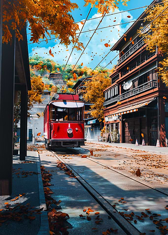 Autumn Tram in Japanese City