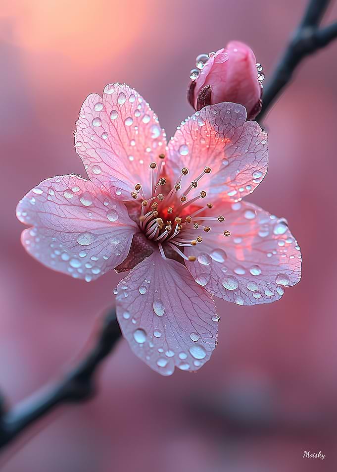 Cherry Blossom Close Up with Dew Drops