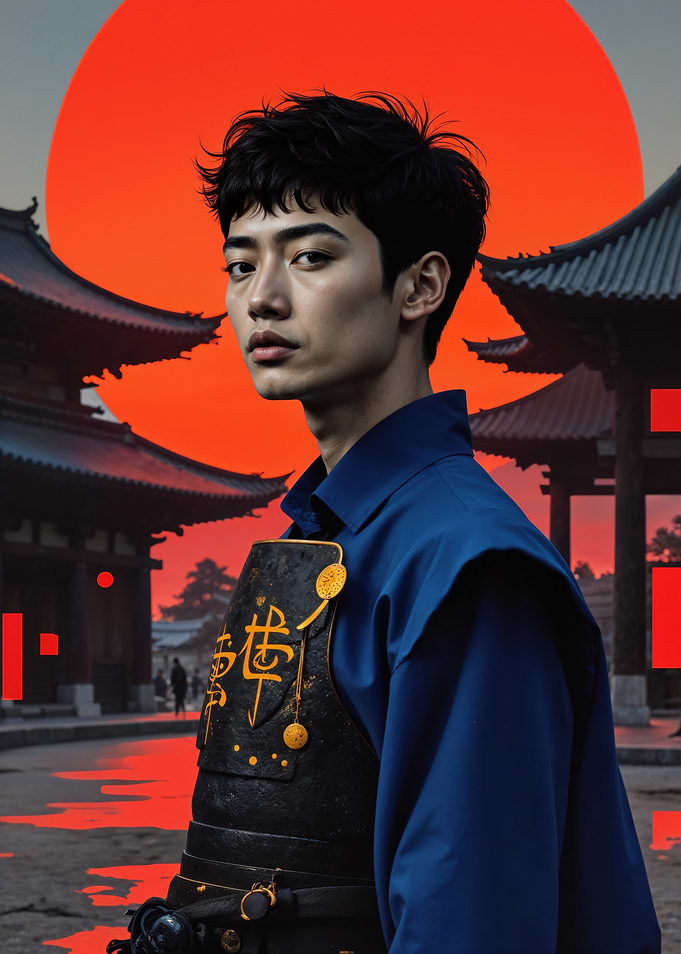 Samurai in Blue Shirt