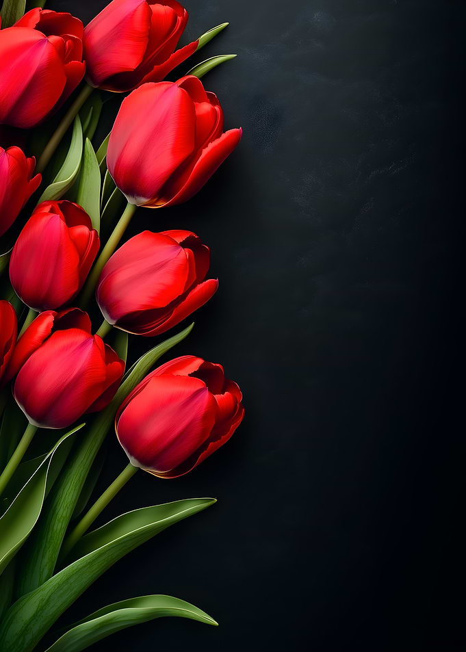 Red Tulips on Black Background