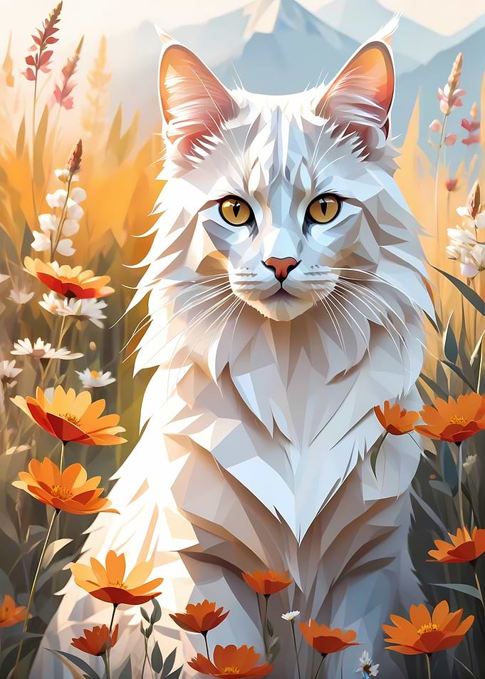 White Cat in Flower Field