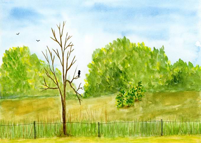 Watercolor Landscape with Black Bird on Tree Branch