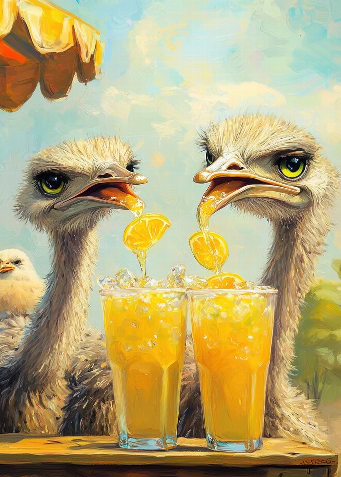 Ostriches Enjoying Lemonade