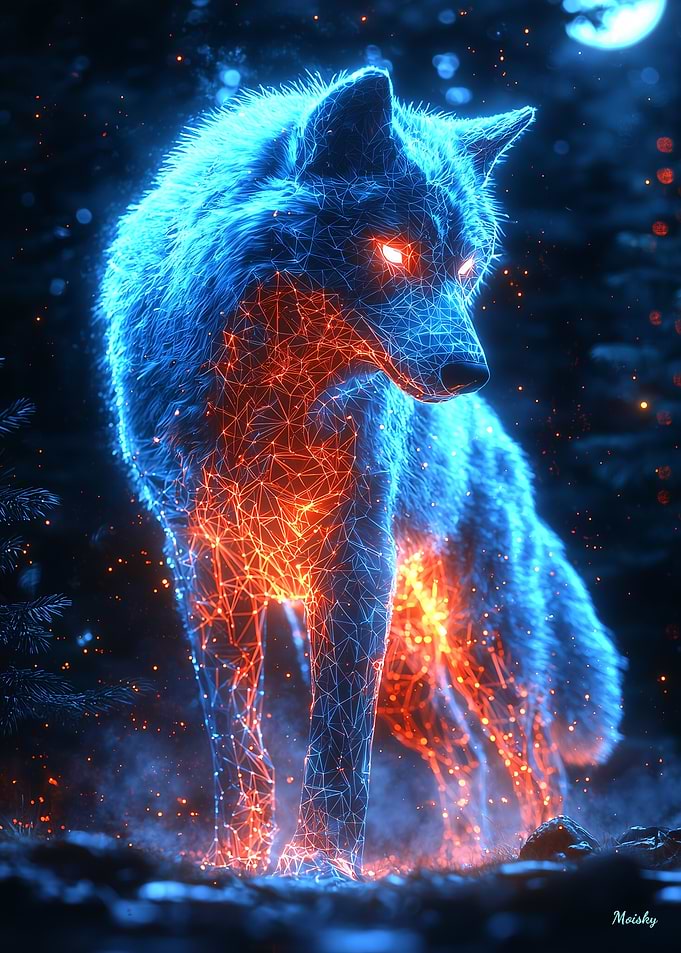 Neon Cyberpunk Wolf - Futuristic Glowing Digital Animal Art
