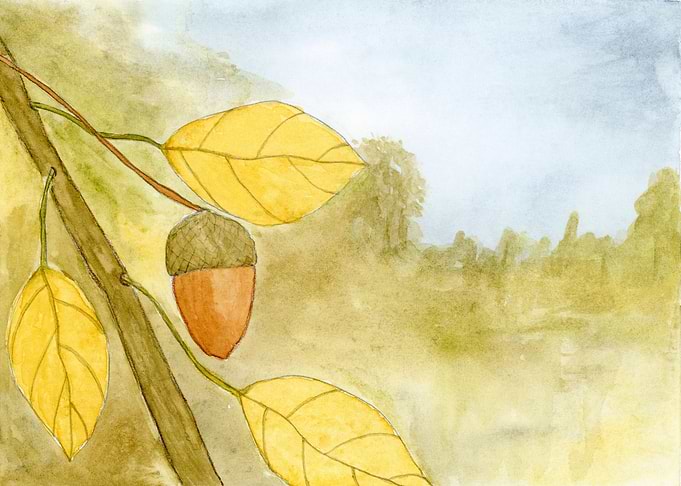 Acorn and Leaves Watercolor Landscape