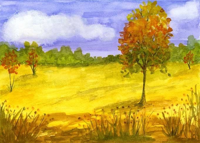 Golden Hour Autumn Field Watercolor