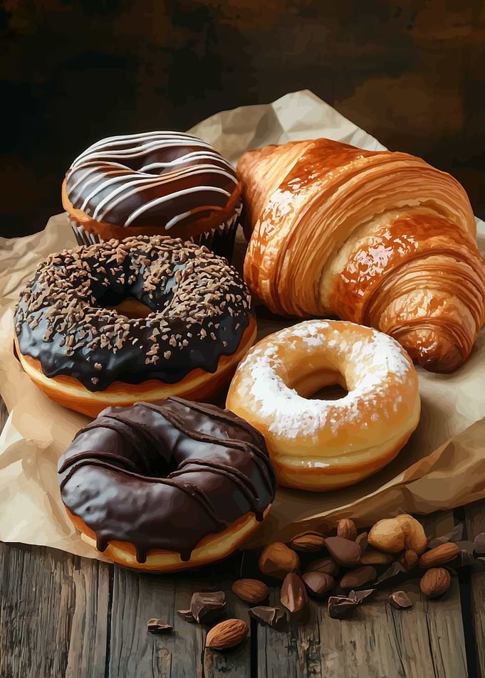 Donuts, Croissant, and Almonds