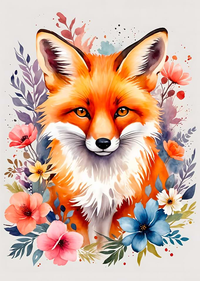 Fox Flowers Watercolor