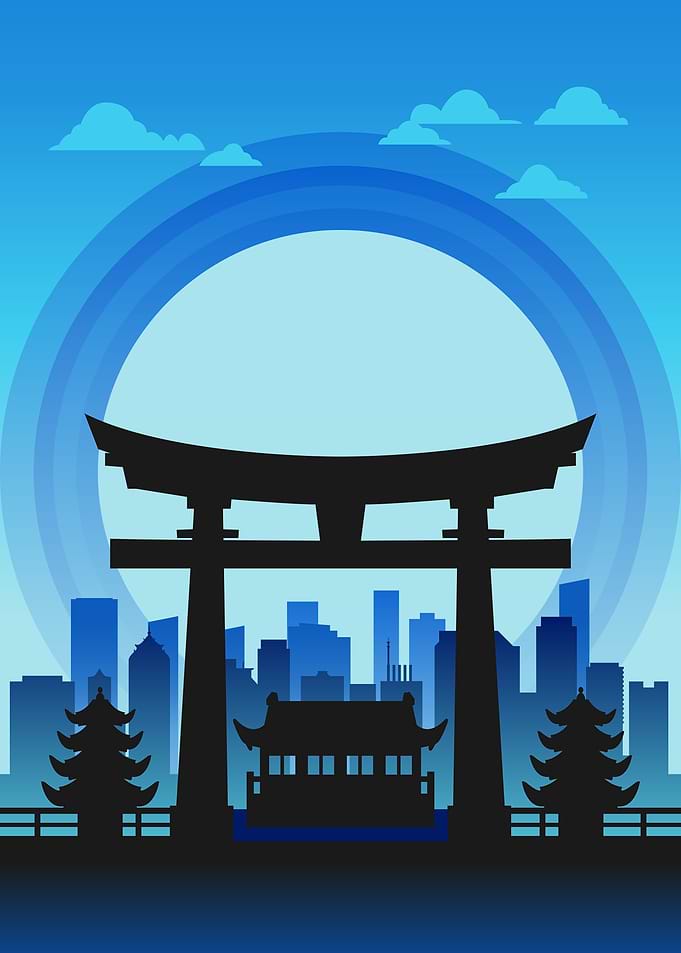 Blue Japanese Cityscape with Torii Gate