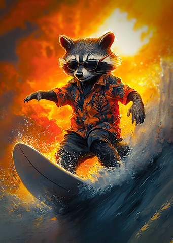 Raccoon Surfing Adventure: Riding Waves on a Summer Beach