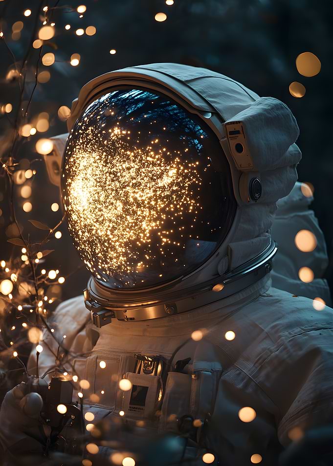 In the quiet space the astronaut is enveloped by a Art