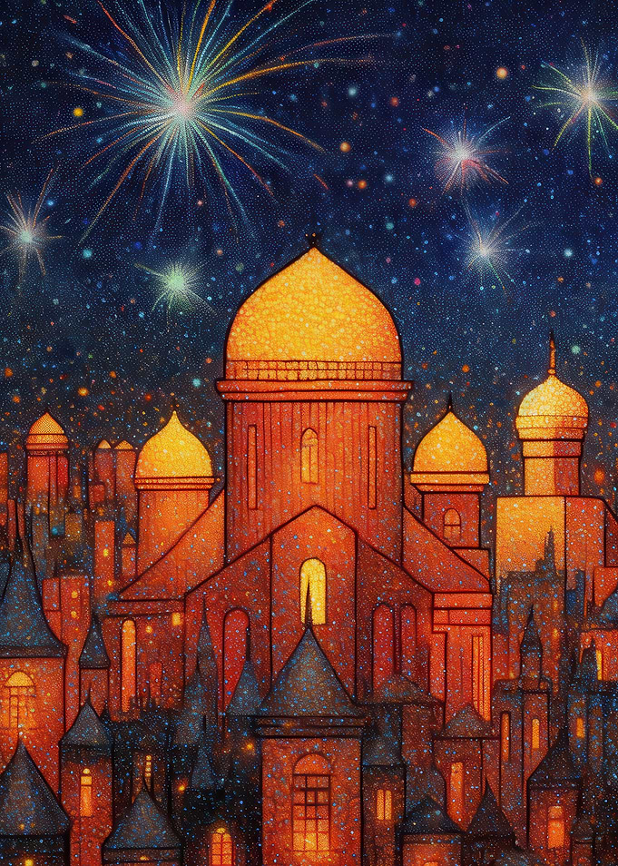 Nighttime Cityscape with Fireworks