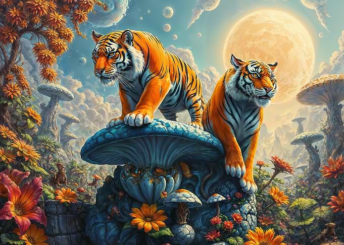 Tiger Guardians of Surreal Mushroom Forest
