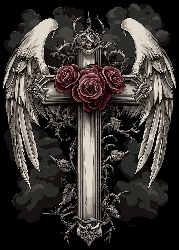 Angel Wings Gothic Cross Roses
