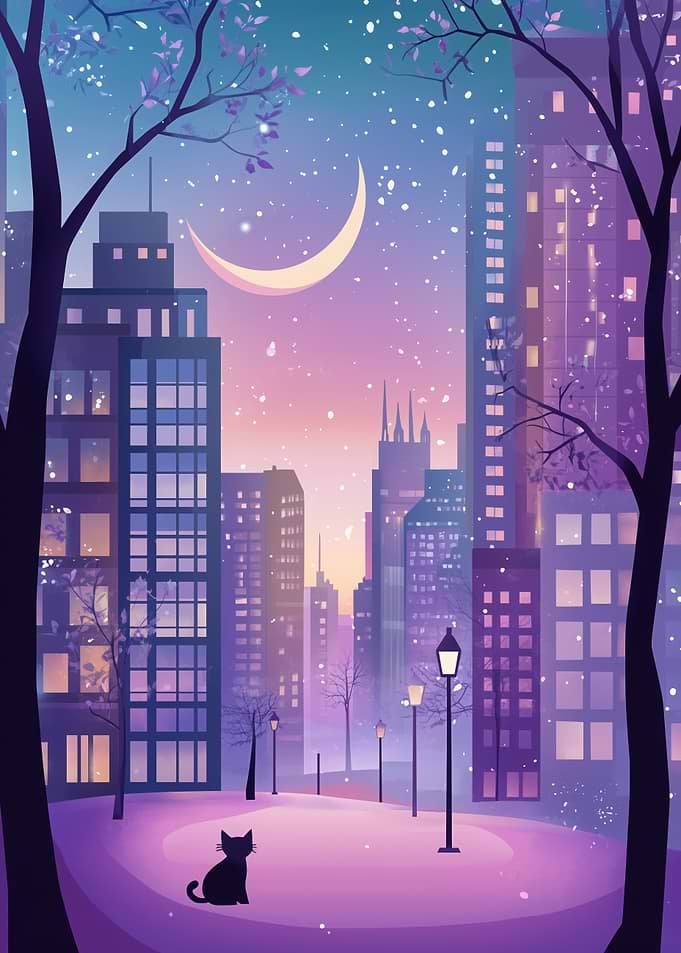 Snowy Cityscape with Crescent Moon