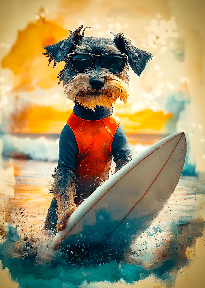 Summer Waves and a Schnauzer Surfing on the Beach