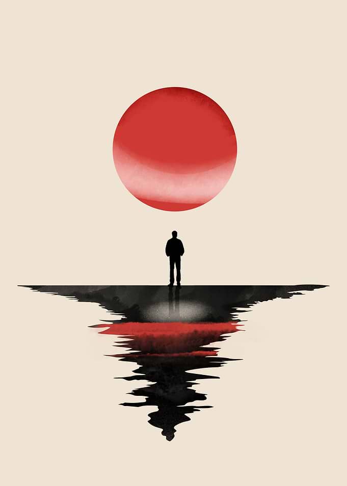 A Reflected Silhouette Under Red Sun